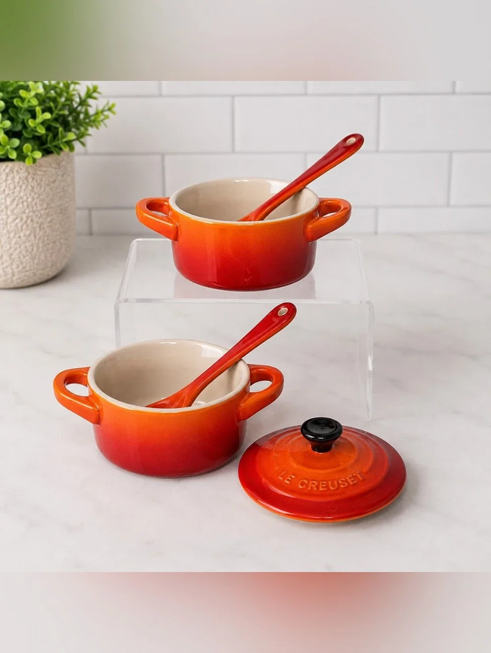 Le Creuset Mini Cocotte Set of 2 Flame Volcanic Orange Red w 2 Spoons 1 Lid